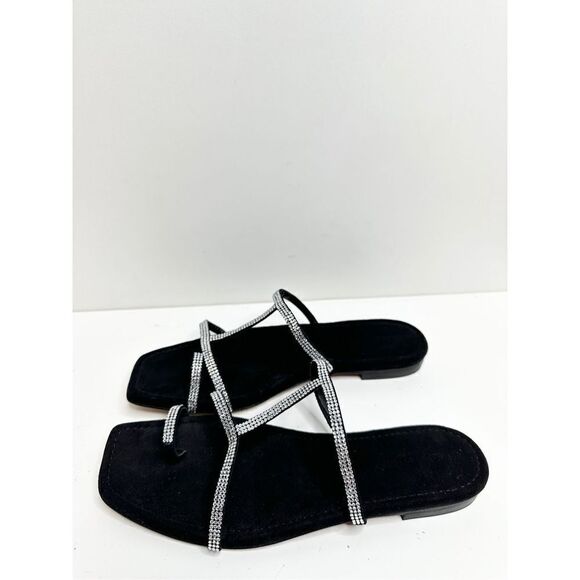 Lafayette 148 New York Sandals Size 7.5US Black Leather Rhinestone Slip‎ On Shoe - Picture 3 of 10
